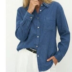 Velvet by‎ Graham & Spencer Linen Button Front Shirt Blue Long Sleeve Women's L